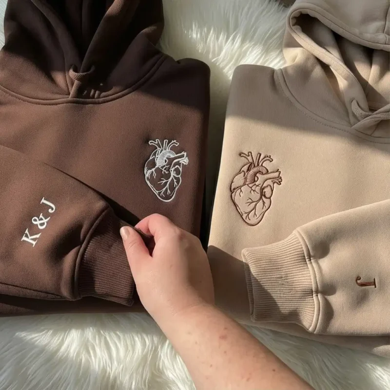 Anatomical Heart Embroidered Matching Hoodie For Couples With Custom Initials. Unique Gift, Cozy Fit, Personalized Design.