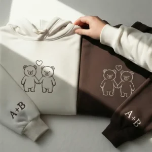Bear Embroidered Couple Hoodie with custom sleeves. Cozy, personal, and perfect Valentine’s gift idea.