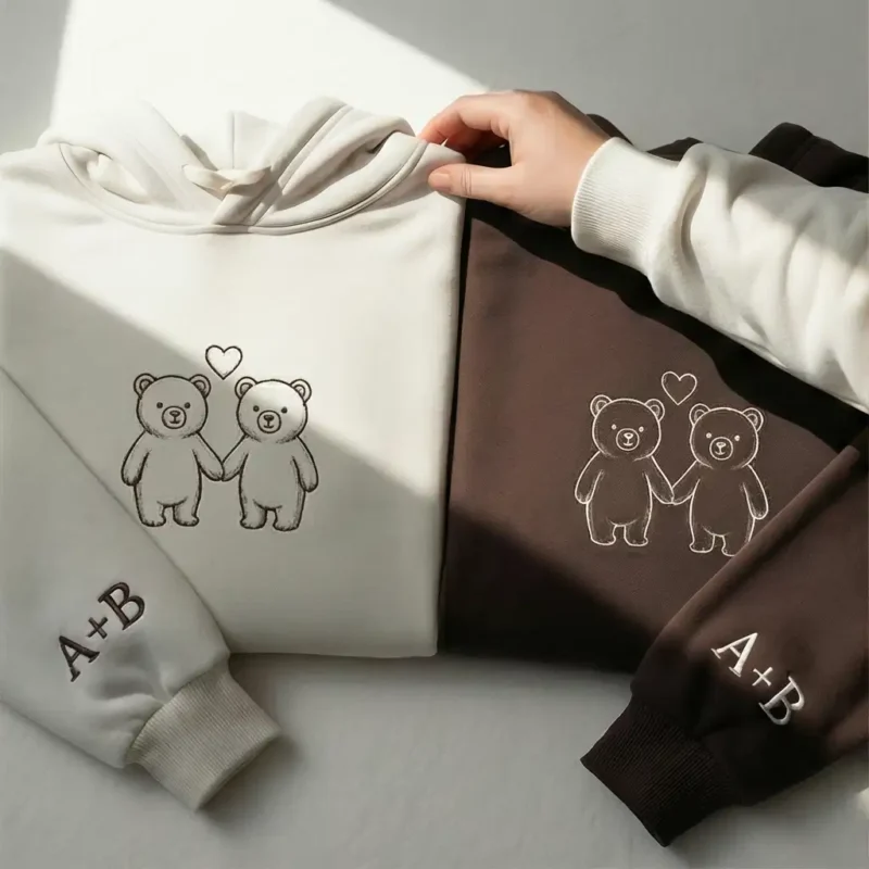 Bear Embroidered Couple Hoodie With Custom Sleeves. Cozy, Personal, And Perfect Valentine’s Gift Idea.