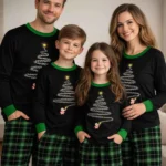 Black green plaid family Christmas pajamas set with tree print top, for adults, kids, and babies