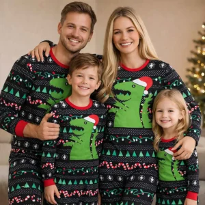 Black pajamas with green Santa dinosaur print, festive family sleepwear for holiday photos and gifting