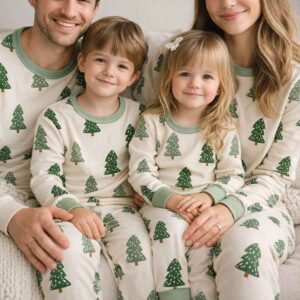 Home Matching Christmas Pajamas With Green Tree Print On Cream Cotton, For Babies, Kids, Men And Women