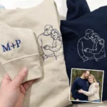 Custom photo embroidered hoodie for couples. Personalized initials, cozy gift, perfect for anniversaries.
