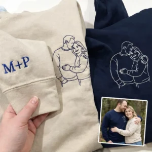 Custom photo embroidered hoodie for couples. Personalized initials, cozy gift, perfect for anniversaries.