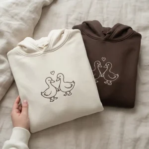 Ducks Embroidered Matching Hoodie for Couples with custom initials. Cozy, personalized, and perfect for romantic gifts.