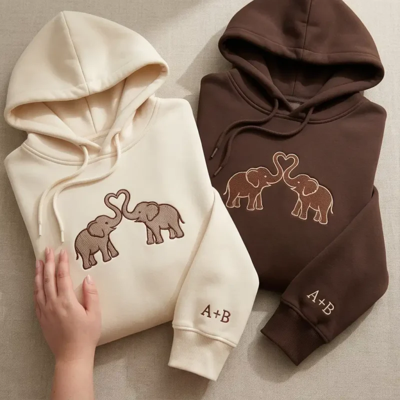 elephant-embroidered-couple-hoodie-3 Elephant Embroidered Couple Hoodie With Custom Sleeves. Unique Gift, Cozy Fit, Personalized Touch.