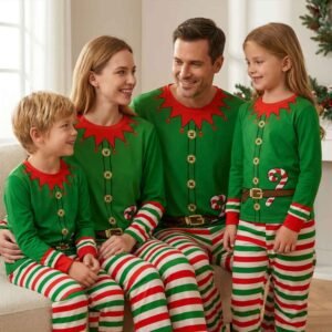 Elf family Christmas pajamas with green tops and red-white striped pants for holiday photos and gifting.