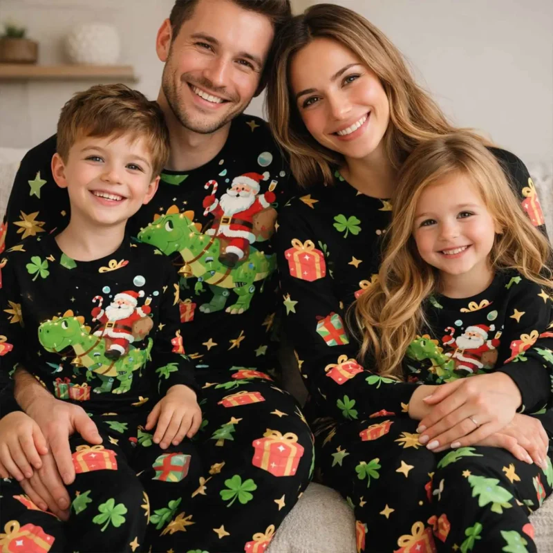 Matching Family Christmas Pajamas Santa Dinosaur Design In Red And Green For Kids And Adults Holiday Wear