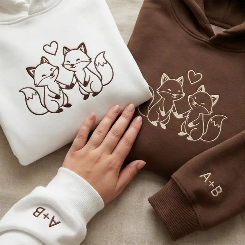 Fox Embroidered Couple Matching Hoodies With Custom Initials. Cozy, Personal, And Perfect For Gifting.