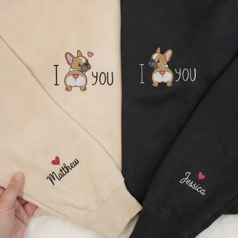 French Bulldog Embroidered Couple Hoodie With Custom Sleeves. Perfect Valentine’s Gift, Cozy Fit, Unique Personalization.
