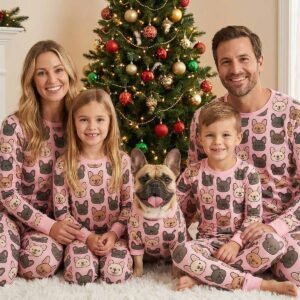 Family matching all-over print pajamas with French Bulldog pattern, Christmas holiday set