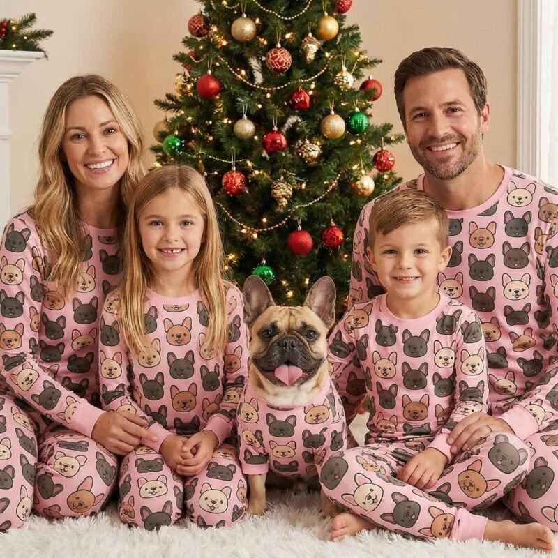 Family Matching All-Over Print Pajamas With French Bulldog Pattern, Christmas Holiday Set