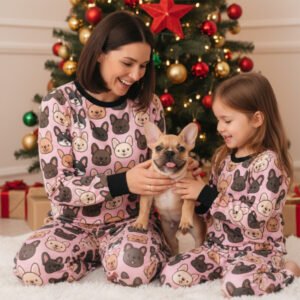 Mother and young daughter wearing identical seamless pink French Bulldog print Christmas pajamas, happily playing with their fawn French Bulldog on a white fluffy rug in front of a decorated Christmas tree with red, gold, and green ornaments.