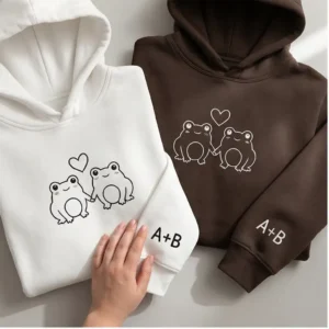 Home Frog Embroidered Matching Hoodie For Couples With Custom Initials. Personalized, Cozy, And Perfect Romantic Gift.