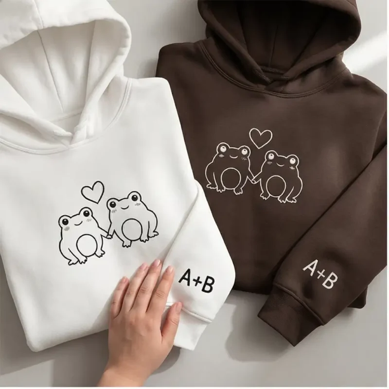 Frog Embroidered Matching Hoodie For Couples With Custom Initials. Personalized, Cozy, And Perfect Romantic Gift.