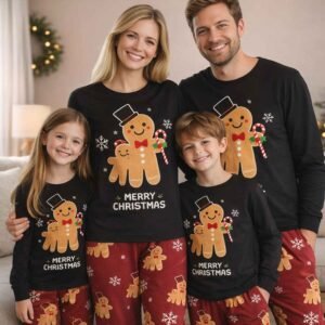 Gingerbread family pajamas with black tops and maroon pants for kids and adults