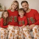 Gingerbread matching pajamas in red and white for family Christmas, cozy sleepwear for all ages
