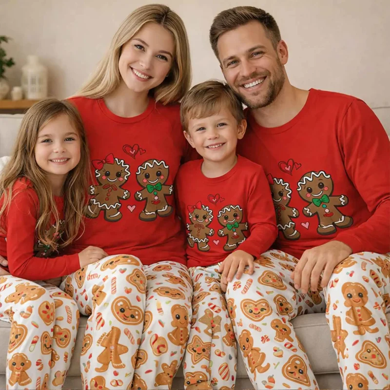 Gingerbread Matching Pajamas In Red And White For Family Christmas, Cozy Sleepwear For All Ages