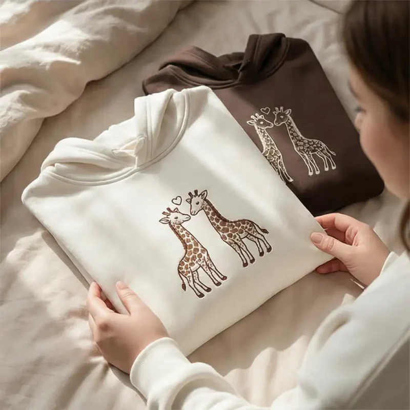 giraffe-embroidered-couple-hoodie-1 Giraffe Embroidered Couple Hoodie With Custom Sleeve Initials. Cozy Fit, Romantic Design, Perfect Gift For Valentine’s Day Or Anniversaries.