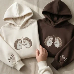 Home Hedgehog Embroidered Couple Hoodie With Custom Initials. Soft, Personal, And Perfect For Romantic Gifting.