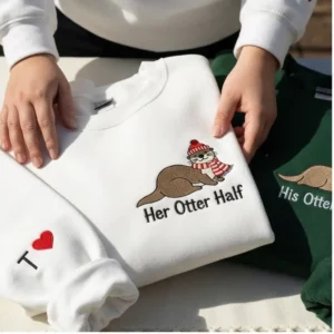Otter Embroidered Hoodie for Couples with custom initials. Cozy, personalized, perfect Valentine’s gift for lovers.