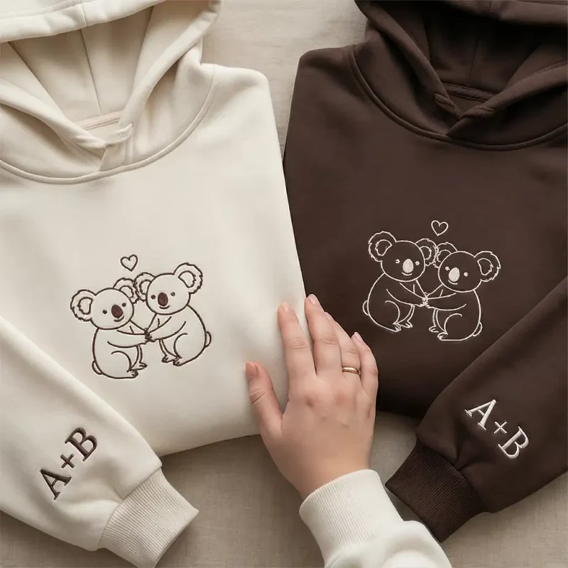 Koala Embroidered Couple Hoodie With Custom Sleeves. Cozy, Meaningful, And Perfect For Valentine'S Day Or Anniversaries.