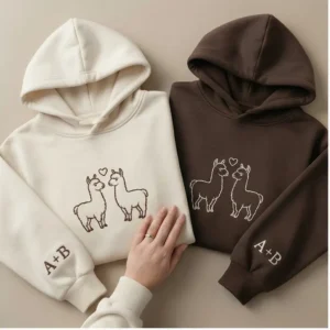 Home Llama Embroidered Matching Hoodie For Couples With Custom Initials – Perfect Valentine’s Gift