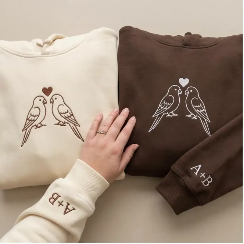 Lovebird Embroidered Matching Hoodie For Couples With Custom Initials. Personalized Gift, Cozy Comfort, And Lasting Love Memories.