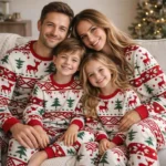 matching family christmas pajamas with reindeer snowflakes and tree pattern in front of decorated holiday tree