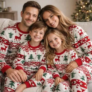 matching family christmas pajamas with reindeer snowflakes and tree pattern in front of decorated holiday tree