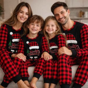 matching family christmas pajamas red black plaid with festive merry christmas print for holiday photo