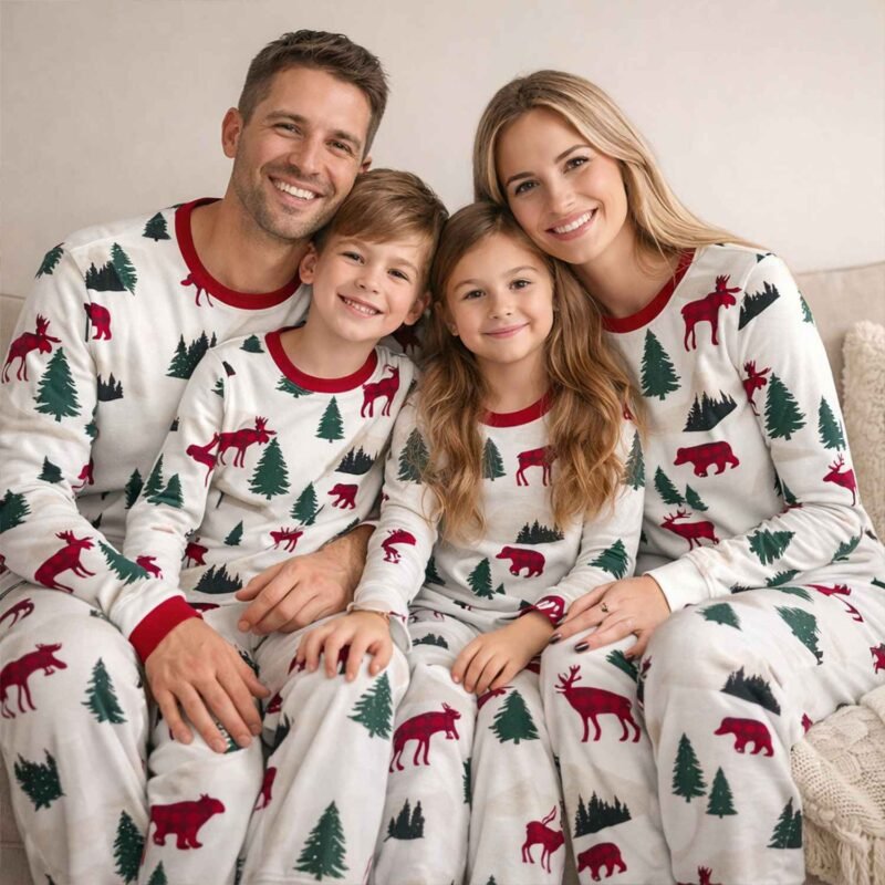 matching-family-christmas-pajamas-reindeer-pine Matching Family Christmas Pajamas With Red Reindeer And Pine Tree Print For Holiday Photos. Includes Adult And Kids Sizes.
