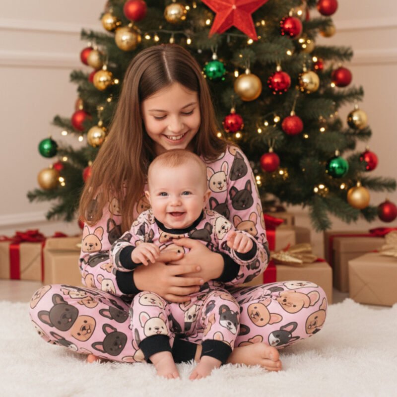 Older sister holding a baby brother, both wearing matching seamless French Bulldog pattern Christmas pajamas, sitting on a white rug in front of a brightly decorated Christmas tree.