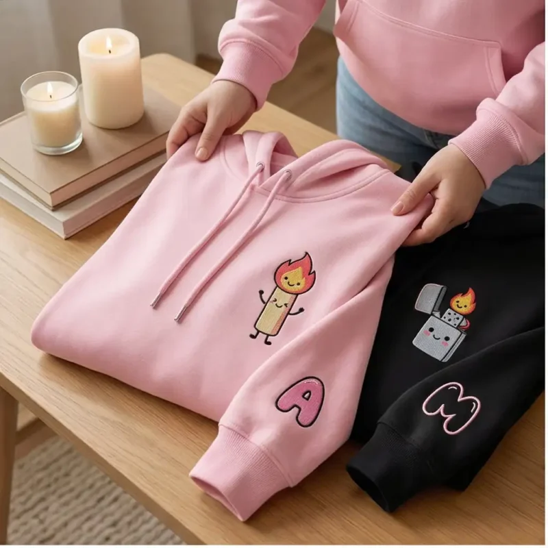 Matchstick &Amp; Lighter Embroidered Couple Hoodie With Custom Initials. Cozy, Personalized, Perfect Valentine’s Day Gift.