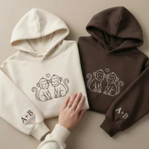 Monkey Embroidered Matching Hoodie for Couples with custom initials. Personalized gift, cozy fit, unique embroidered design.