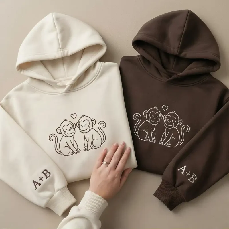 Monkey Embroidered Matching Hoodie For Couples With Custom Initials. Personalized Gift, Cozy Fit, Unique Embroidered Design.