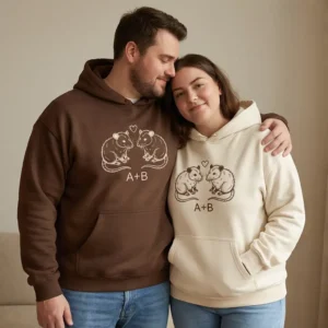Opossum embroidered matching hoodie for couples with custom initials. Personalized, cozy, and perfect for Valentine’s Day gifts.