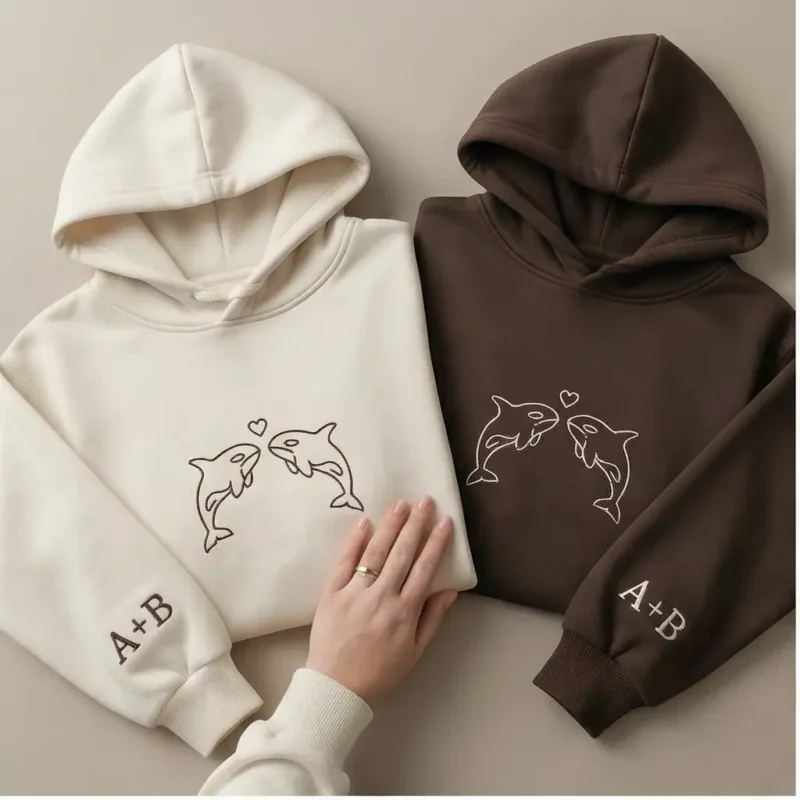 orca-embroidered-couple-hoodie-gift-3 Orca Embroidered Matching Hoodie For Couples With Custom Initials. Symbolizes Love, Loyalty, And Ocean Vibes. Perfect For Gifts.