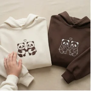 Panda Embroidered Couple Hoodie with custom initials. Cozy, personalized, and perfect for Valentine's Day or anniversary gifts.