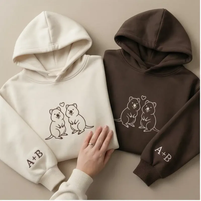 Quokka Embroidered Matching Hoodie For Couples With Custom Initials. Cozy, Personalized, And Perfect For Romantic Gifting.