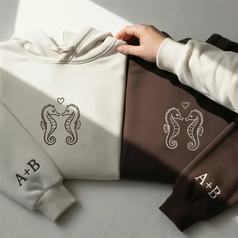 Seahorse Embroidered Couple Hoodies With Custom Initials. Soft Fleece, Romantic Gift, Personalized Sleeves.