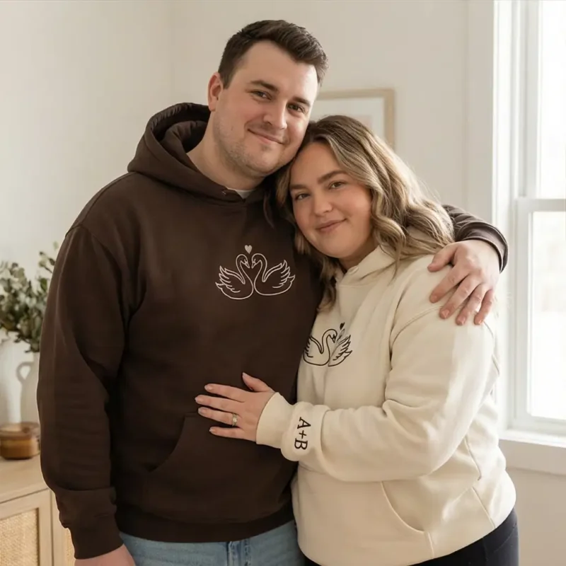 Swans Embroidered Matching Hoodie For Couples With Custom Initials. Romantic Design, Personalized Sleeves, Perfect Valentine’s Gift.