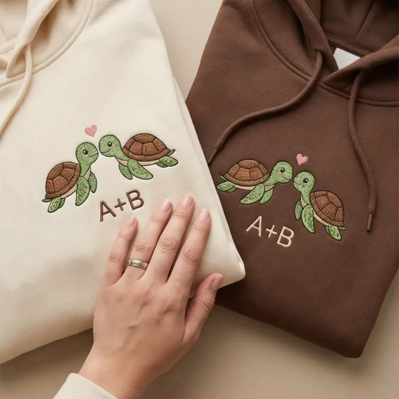 turtle-embroidered-couple-hoodie-2 Turtle Embroidered Hoodie For Couples. Personalized Sleeves, Romantic Design, Perfect For Valentine’s Day Or Anniversaries.