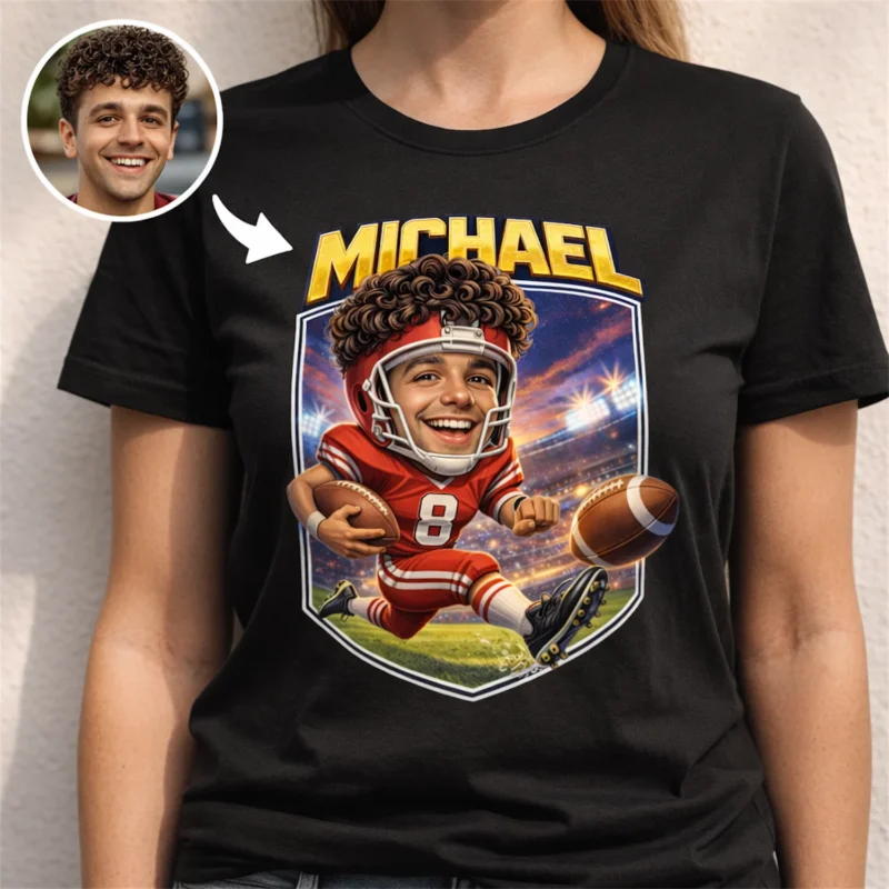 Personalized American Football Caricature Shirt For Senior Night Custom Football Player Helmet And Jersey Number Gift