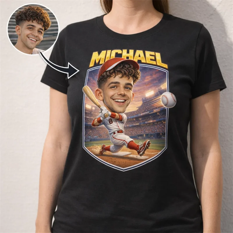 Custom Baseball Caricature T-Shirt For Little League Teams Personalized Baseball Slugger Bat And Mitt Team Souvenir