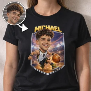 Basketball caricature sweatshirt with slam dunk pose and custom basketball jersey gear