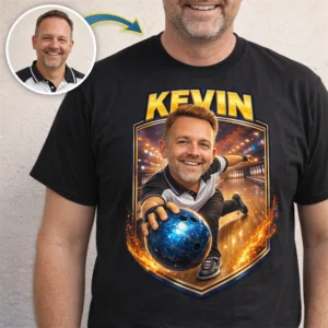 personalized bowling caricature t-shirt for league uniforms custom bowling ball and pins design for team events