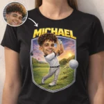 custom golf caricature t-shirt for golf trips and bachelor parties personalized golf swing pose country club souvenir