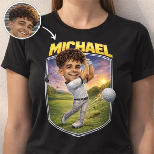 custom golf caricature t-shirt for golf trips and bachelor parties personalized golf swing pose country club souvenir
