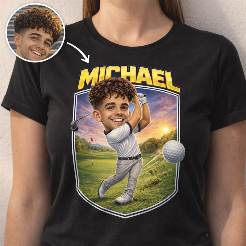 Custom Golf Caricature T-Shirt For Golf Trips And Bachelor Parties Personalized Golf Swing Pose Country Club Souvenir